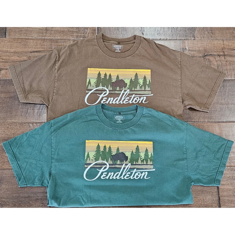SET OF 2 EARTHY Pendleton‎ Bison Graphic T-Shirt Bundle Green Brown L Cotton